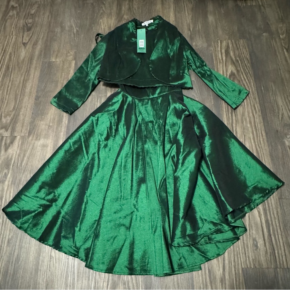 Elegant Green Satin Dress Set Womens Size S Emerald Modern Retro Circle